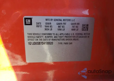 2013 Chevrolet Sonic Lt from USA, damaged, VIN 1G1JD6SB7D4108620